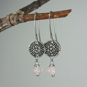 HAND CRAFTED Rose Quartz Silver Floral Dangle Earrings Boho Cottagecore Gemstone
